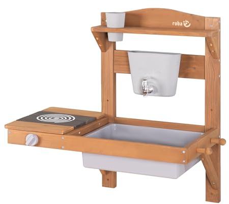 roba Cuisine Extérieure Murale pour Enfants avec Évier, Plaque de Cuisson, Réservoir à Eau et Accessoires - Mini-Cuisine à Suspendre en Bois Massif Lasuré Teck