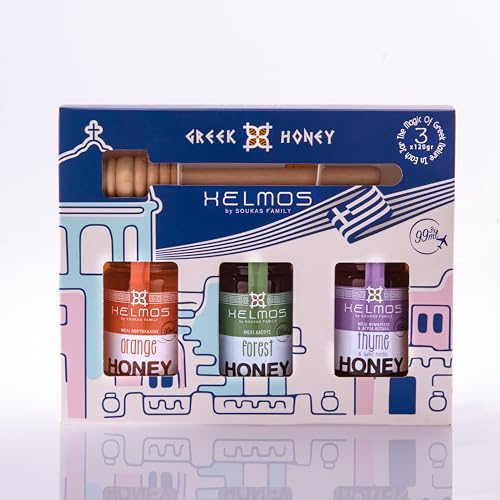 Helmos Greek Honey Gift Set, 3x120g + Wooden Dipper | 3 Premium Honeys (Orange Blossom, Thyme & Forest)