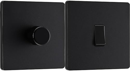 BG Electrical Evolve Single Dimmer Switch, 2-Way Push On/Off, 200W, Matt Black & Electrical Evolve Single Light Switch, 20A, 2 Way, Matt Black