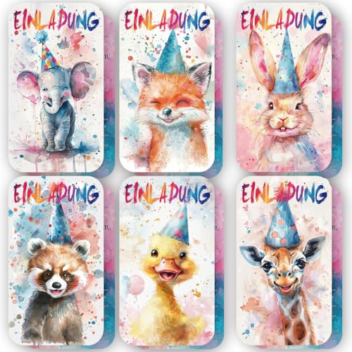 ZELAITE 12 Einladungskarten Kindergeburtstag Jungs, Tier Einladungskarten, Tier Einladung Kindergeburtstag für Mädchen Jungen, inkl. 12 Briefumschläge (E)