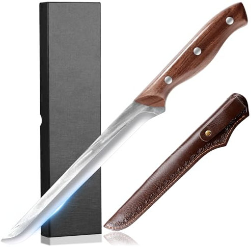 Filetiermesser Fisch Ausbeinmesser mit Lederscheide Schmiede: Küchenmesser Scharfe Klinge Fleischschneiden Hackmesser aus Edelstahl schneiden und Fisch schneiden Küchenmesser Ergonomischer Holzgriff