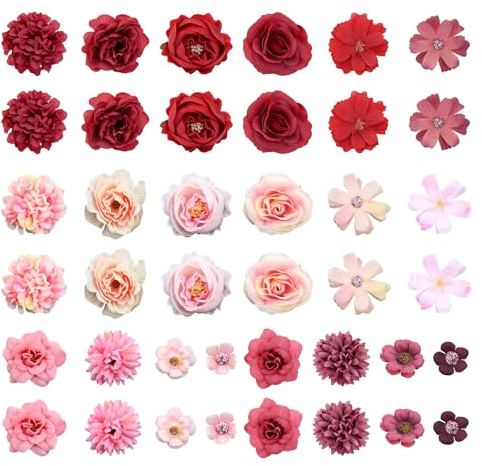 Bekecidi 40 Stück Künstliche Blumen, Verschiedene Kombinationen aus Seidenblumen für Selbstgemachte Dekorationen Kuchendekoration Basteln Heimdekoration Hochzeitsfeier, Rosa+Rot