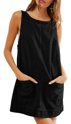 SotRong Vintage manchester miniklänningar för kvinnor UK vår vinter höst knälång overallklänning en linje rund hals kjol ledig elegant lös ärmlös babydollklänning pinafore med fickor, Svart, S