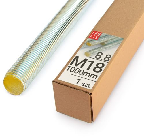 Barra Filettata M18x1000 mm, 1 pezzi, Asta Filettata Acciaio 8.8 DIN 976, Barre Filettate Metrica, Perni Filettati, Filetto Asta Metrica, Bulloni Filettati per Montaggio Industriale, Lun Fix