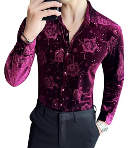 Oanviso Chemise Décontractée Homme Manches Longues Chemisette Parti en Velours Élégant Chemise Printemps Slim Fit Mode Shirts B Violette 3XL