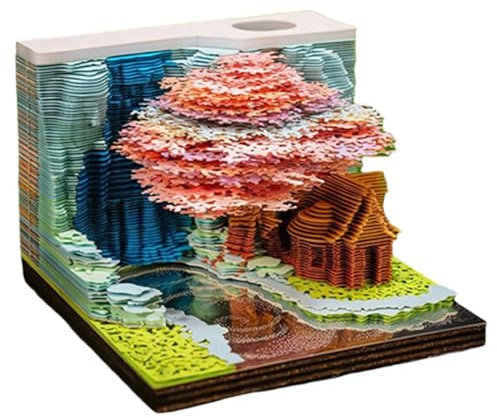 Tischkalender 2025 mit LED-Lichtern, Papierschnitzerei 3D Schlosskalender Notizblock, rosa 3D Abreißkalender 2025, DIY Papierschnitzerei Kunst Handwerk für Schule Home Office(Anmerkungspapier)