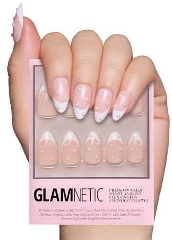 Glamnetic Press On Nails - French Pearl | Glossy, Short Almond French Tip Nails with 3D Accents, Reusable | 15 Sizes - 30 Nail Kit with Glue