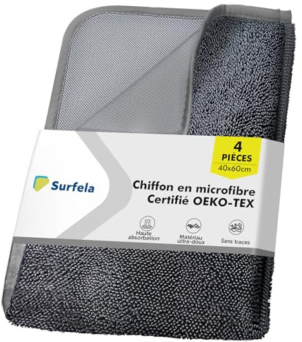 Surfela Pack de 4 Toalla Secado Coche, Paño Microfibra Coche rápido y sin Marcas, Bayetas Microfibra Súper Absorbente, Limpieza Potente y sin Arañazos, Coche, Ducha, Cocina, 40×60cm