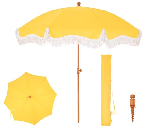PHI VILLA Parasol de plage de 2 m, parasol de jardin portable frangé avec perçage au sol, parasol de patio rond bohème avec sac de transport, protection solaire UV pour balcon, résistant au vent, UPF