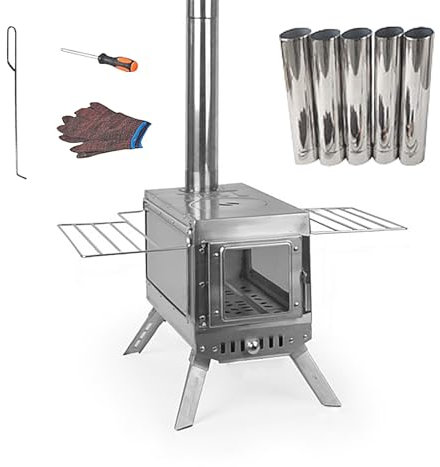 Stufa a Legna Economica Piccola, Mini Barbecue Portatile con Canna Fumaria a 5 Sezioni, Stufa da Tendas in Acciaio Inox per Riscaldamento Della Tendas e Cucina All'aperto(62 * 48.5 * 35.5cm)
