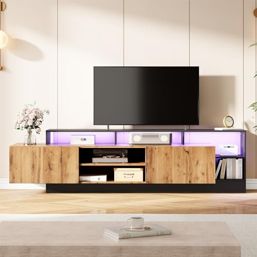 Mueble de TV moderno que puede acomodar televisores de hasta 70 pulgadas, espacio de almacenamiento abierto, con iluminación ambiental, adecuado como armario de dormitorio y sala de estar, armario de