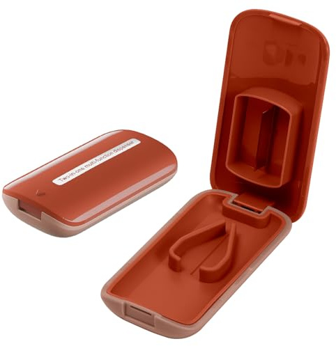 Pill Cutter, Ultra-Thin Stainless Steel Blade with Detachable Silicone Liner, Built-in Tablet Holder for Small Pills, Portable Pill Splitter for Precise Half or Quarter Doses (Brown)