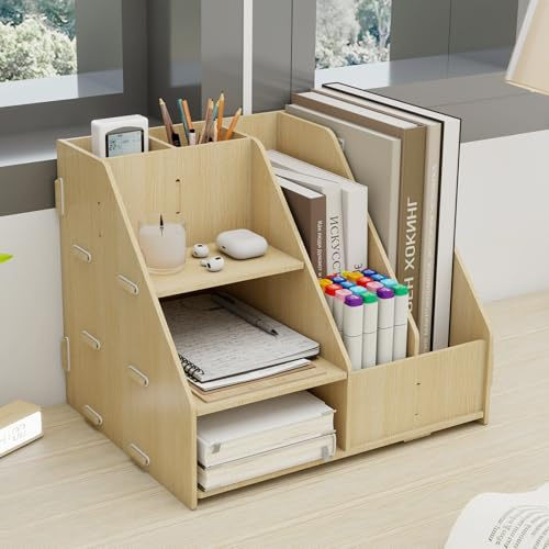 PUNCIA Organiseur de Bureau Multifonctionel Corbeilles à Courrier (Type F) | en Bois Compartiment Boîte de Rangement Étagère de Dossiers Stockage de Porte-Documents pour Bureau Maison et École