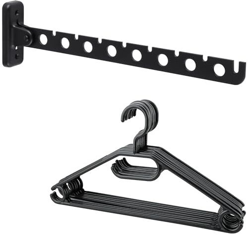 SAYAYO Kleiderhaken Klappbar mit 8 Kleiderbügel Schwarz 31cm Edelstahl | Kleiderlüfter Klappbar Klapphaken Garderobe zum Bohren Kleiderstange für Balkon, Waschküche, Badezimmer
