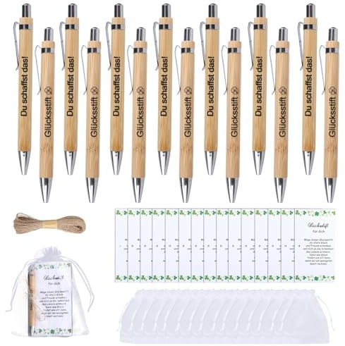 24 Stück Glücksstift Kugelschreiber Dankeschön Geschenke Klein, Glücksbringer Abschiedsgeschenk Erzieherin, Geschenke für Kollegen mit Holz Kugelschreiber, Karte, Organzabeutel und Hanfschnur