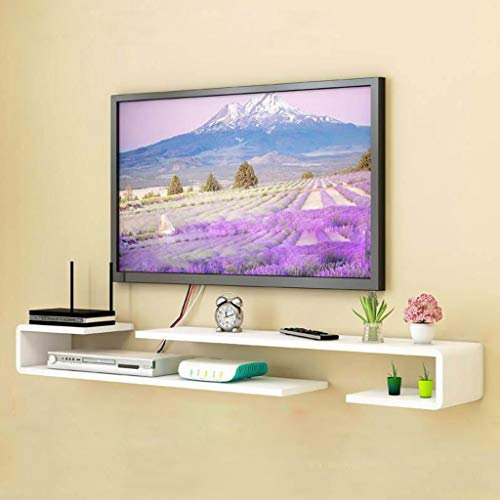 Meuble TV mural flottant, étagère moderne blanche et rangement pour salon/chambre à coucher, console multimédia pour décodeur et routeur, 150155 cm