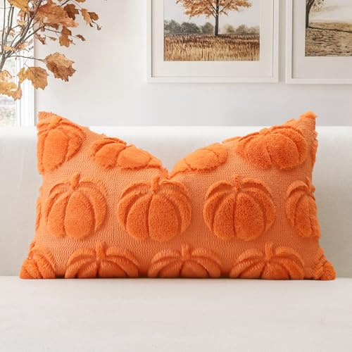Artscope Juego de 1 Halloween Fundas de Cojines de Terciopelo Cojines de Sofá Funda de Almohada Decoración de Otoño para Sofá Dormitorio Oficina Salón Calabaza Naranja, 30x50cm