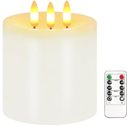 Justup Flammenlose LED-Kerzen, Große 3 Docht LED Kerzen mit Fernbedienung & Timer, Echtes Wachs, Batteriebetriebene Säulen Kerzen für den Winterdekor, Weihnachten, Thanksgiving Dekor (Weiß)