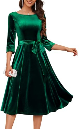 DRESSTELLS Dark Green Velvet Dress for Women, Holiday Cocktail Wedding Guest Dresses with Long Sleeves, Winter Formal Evening Party Emerald Green S