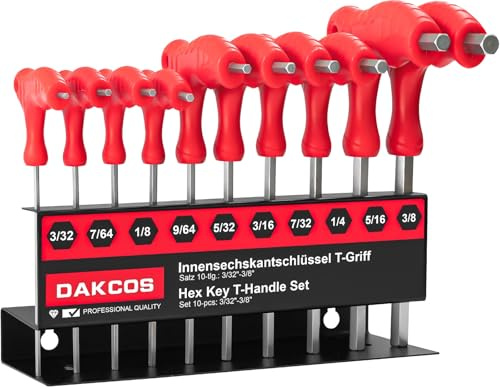 DAKCOS Juego de 10 llaves Allen con mango en T, juego de llaves hexagonales imperiales de 2/32 inch a 3/8 inch, con estante de almacenamiento, Cr-V
