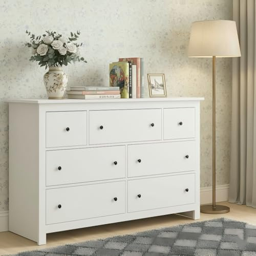 AilZylphera Cómoda Blanca con 7 cajones, 152cm de Ancho Comoda de Madera, cajonera Blanca para salón, Comedor, Dormitorio y salón (Blanco-A)