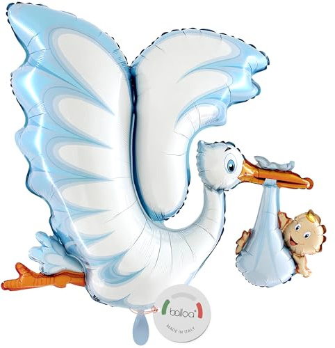 balloa Folienballon Storch mit Baby, XXL Deko zur Geburt Junge, 99 cm | Storch mit Baby im blauen Tuch, XXL-Formballon, heliumgeeignet, ungefüllt, symbolische Deko zur Geburt eines Jungen