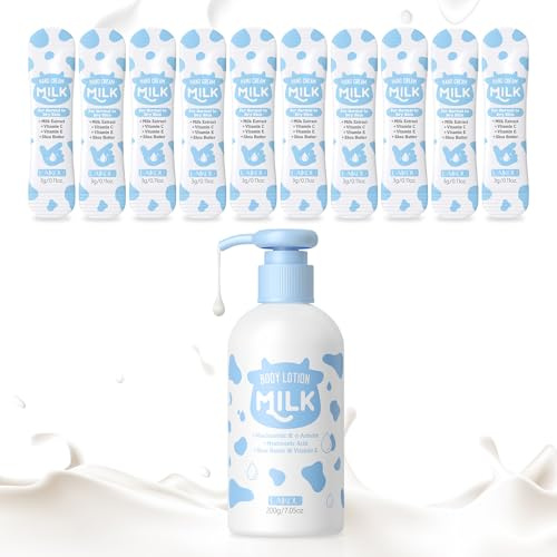 Milk - Lozione idratante per il corpo | 200 g. Garantisce una sensazione morbida sulla pelle, adatto per corpo e mani, include 10 x 3 g di crema per le mani