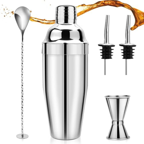 Cocktail Shaker Set, 5 Stück CocktailShaker 750m Shaker Cocktail, Shaker mit Eingebautem Sieb Edelstahl Barkeeper Set Inkl Messbecher, Rührlöffel, Weinausgießer, für Zuhause, Bar, Party