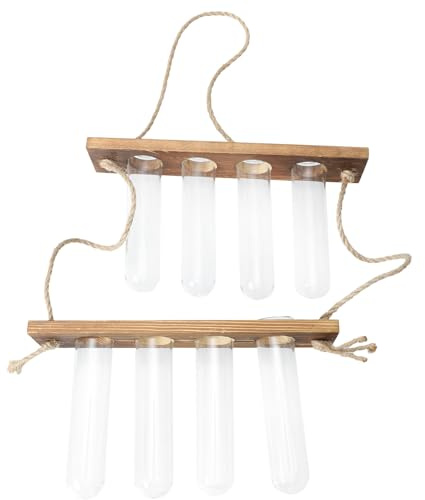 TOBBOMEY Pot de Fleurs Hydroponique Mural en Verre Moderne avec Support en Bois Café, Tube Suspendu Facile à Entretenir pour Décoration Intérieure et Purification de L'air