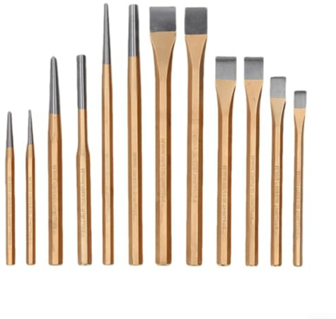 Set di 12 scalpelli e punzoni in lega di acciaio con punzonatrice per muratura, cemento, metallo, pietra, scultura, intaglio e lavorazione del legno