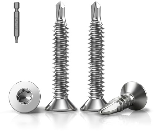 50 tornillos de perforación Torx, M5,5 x 75 mm, cabeza avellanada, tornillos autorroscantes, acero inoxidable 410, tornillos autorroscantes de cabeza plana, DIN7504, tornillos para techo de metal