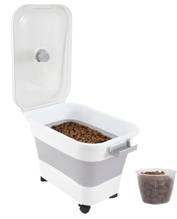 YöL Collapsible Pet Food Storage Container 20L with Airtight Lid and Wheels Space Saving Dry Food Bin with Scoop Moisture Compartment Grey White for Dog and Cat Food Kitchen Storage