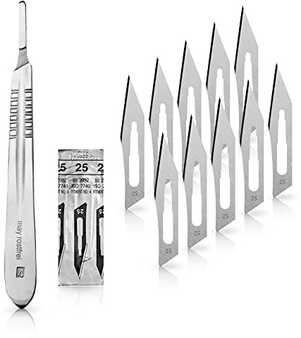 May Set 10 Stück Skalpellklingen Figur 25 Ersatzklingen einzeln steril verpackt + 1x Skalpellhalter aus Edelstahl | Handliches Schneidewerkzeug für Hobby und Kosmetik. Garantiert exakte Linien.