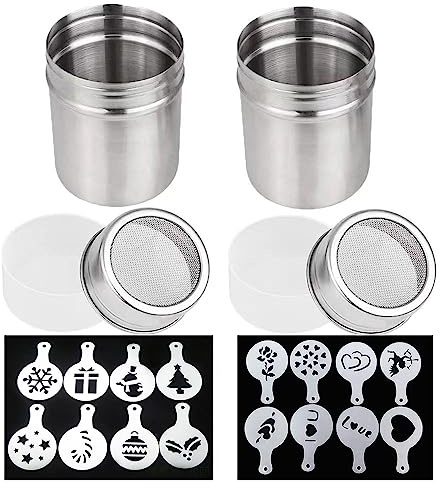2 Pcs 10oz Stainless Steel Powder Shakers, TuNan Coffee Cocoa Cinnamon Dredges with Fine-Mesh Lid, Sugar Spice Seasoning Cans for Kitchen Cooking Baking Home Restaurant, with 16 Decorating Stencils