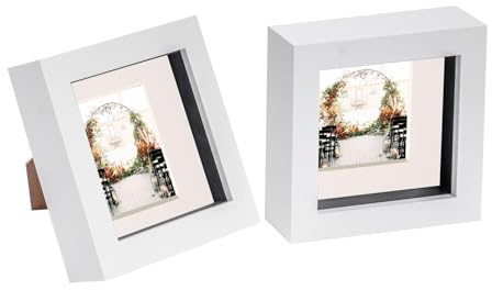 Nicola Spring 2 Piece 4 x 4 3D Shadow Box Photo Frame Set - Craft Display Picture Frame with 2 x 2 Mount - Glass Aperture - White/Ivory