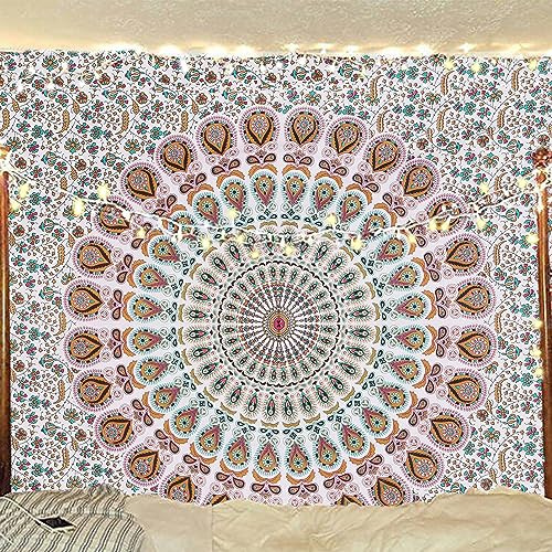 Bless International - Tapiz hippie, indio, bohemio, psicodélico, de mandala de pavo real para colgar en la pared, para el dormitorio universitario, playa, como mantel, ropa de cama (dorado y con