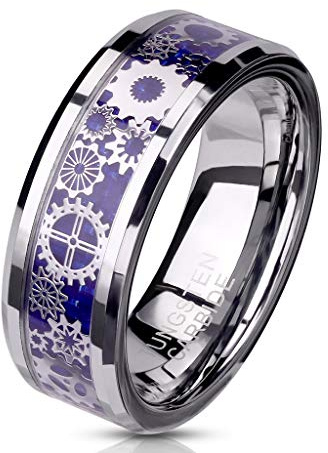 Paula & Fritz® Ring Herren Wolframcarbid Zahnräder Gr. 59 (18,8) - 70 (22,3) Silber Blau 8-mm Breit Herren-Ring Damenring Verlobungsring Motivring