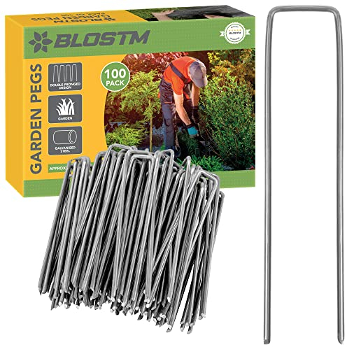 BLOSTM 100 Galvanised Garden Pegs - Landscape Staples U Pins Ideal For Securing Weed Matting Fabric, Netting, Fleece, Groundsheet, Polythene Sheeting, Chicken Wire, Artificial Grass - 30 x 150mm