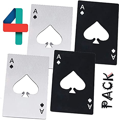 WZLEMOM 4 Stück Set Flaschenöffner, Pokerflaschenöffner, personalisierter lustiger Bierflaschenöffner, Edelstahl flach Casino Flaschenöffner, biergeschenke, Spaten Bieröffner, 2 Silber & 2 Schwarz