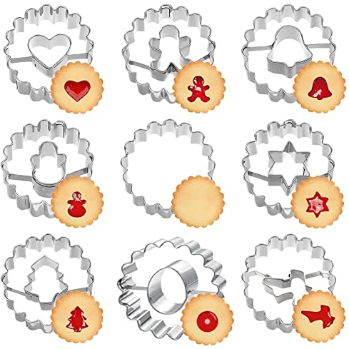 9tlg Weihnachten Linzer Ausstecher,Edelstahl Keksausstecher,Mini Linzer Ausstecher,Plätzchenausstecher Weihnachten,DIY Tools für Backen Plätzchen,Kekse und Fondant