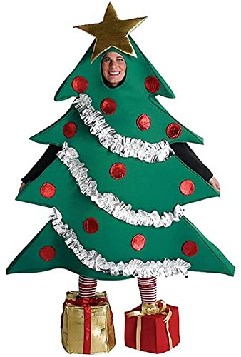 Acrawnni Erwachsenen-Weihnachtskostüm Herren Damen Passendes Partykostüm Lustiges Weihnachtsbaum-Cosplay-Kleid mit Geschenk-geformten Weihnachtskostümen, grün, One size