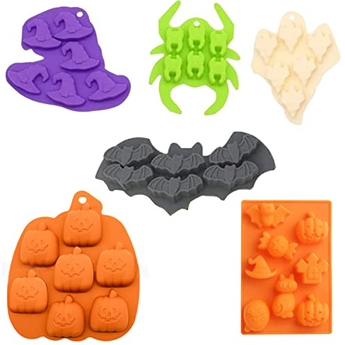 ZOOMPIL 6 Stück Halloween Silikon Backform Silikon Halloween Schokolade Formen Kürbis Fledermaus Ghost Hexenhut Spinne Silikonform Perfektfür Muffins, Cupcakes, Kuchen, Pudding, Eiswürfel, Gelee