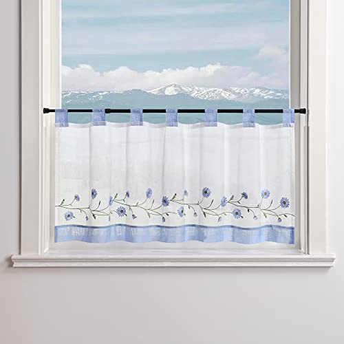 Delien Voile Scheibengardine Transparente Bistrogardinen Landhaus Kurz Vorhang Modern »Daisy« Kurzstores mit Blumenstickerei Küchengardinen mit Schlaufen BxH 120x30cm,Blau #2