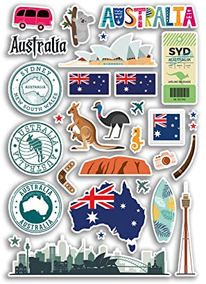 A4 Aufkleberbogen Australien Sehenswürdigkeiten Vinyl Aufkleber – Sydney City Land Karte Flughafen Stempel Skyline Flagge Reise Urlaub Kultur Ästhetik #79977