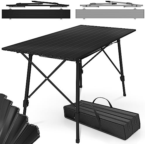 MIADOMODO® Campingtisch -Klappbar, Höhenverstellbar, 90x45cm, aus Aluminium, mit Tragetasche, Stauraum, Leicht, Outdoor/Indoor, Schwarz/Silber - Klapptisch, Gartentisch, Falttisch (Schwarz)