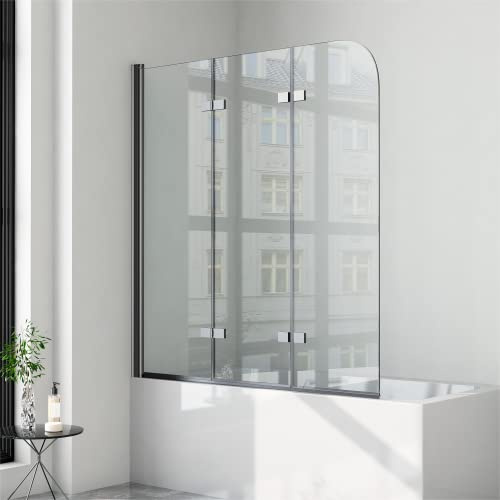 Duschwand für Badewanne 120x140 cm 3 teilig faltbar 6mm NANO Sicherheitsglas (ESG) Faltwand Badewannenaufsatz Badewannenfaltwand Duschabtrennung für Badewanne, Schwarz