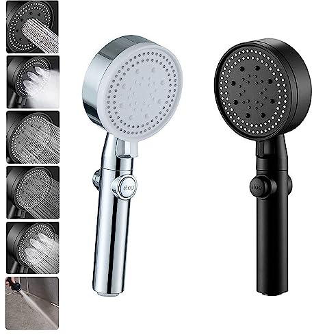 ECOSPA Turbo Charged Booster Shower Handset Head High Pressure, 6 Modes with Water Saving Pause Button, Pulse, Mist, Rainfall, Massage, Mixed & Jet, Multi-Functional, Universal UK Fitting (Black Matt)