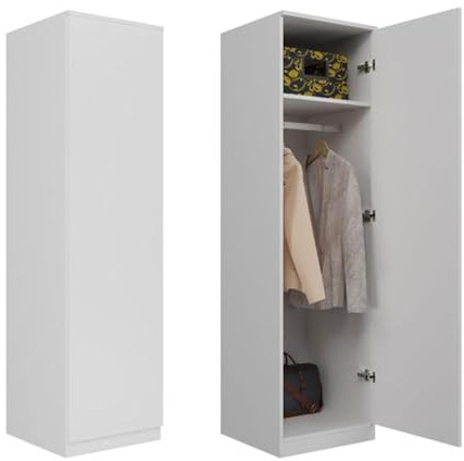 WHATSIZE ENTERPRISE – SD 50 - White Single Push-open Wardrobe – Wooden Storage Cupboard with Folding & Hanging Space - Organise Clothing, & Coats - Modern Décor