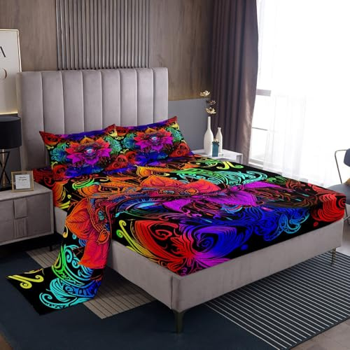 Erosebridal Exotic Tribal Bed Sheets Set Hippie Lotus Full Size Sheet Sets, Gradiet Paisley Sheets Indian Hamsa Fatima Bed Set, Bohemian Mandala Floral Flat Sheet Black Breathable