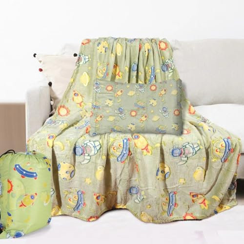 MUSUNFE 2 PCS Astronaut Glow in The Dark Blanket Throw Blanket for Boys Girls Kids Soft Warm Cozy Furry Cute Room Decor Blankets 200 x150 and Pillowcases 60x40 cm (Yellow)